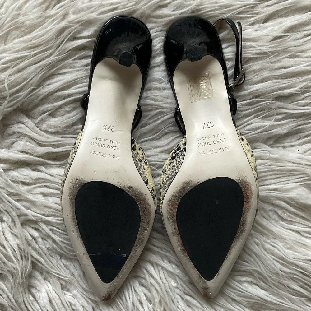 Ron White Black Snake Embossed Leather Slingback Pointed Toe Pumps EUC Size 37.5